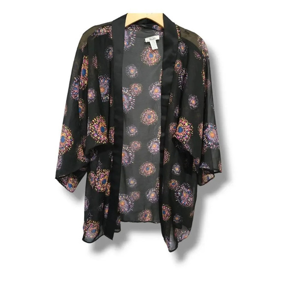 MUDD women's black multicolor Pattern semi-sheer short sleeves kimono cardigan​ - Picture 1 of 7